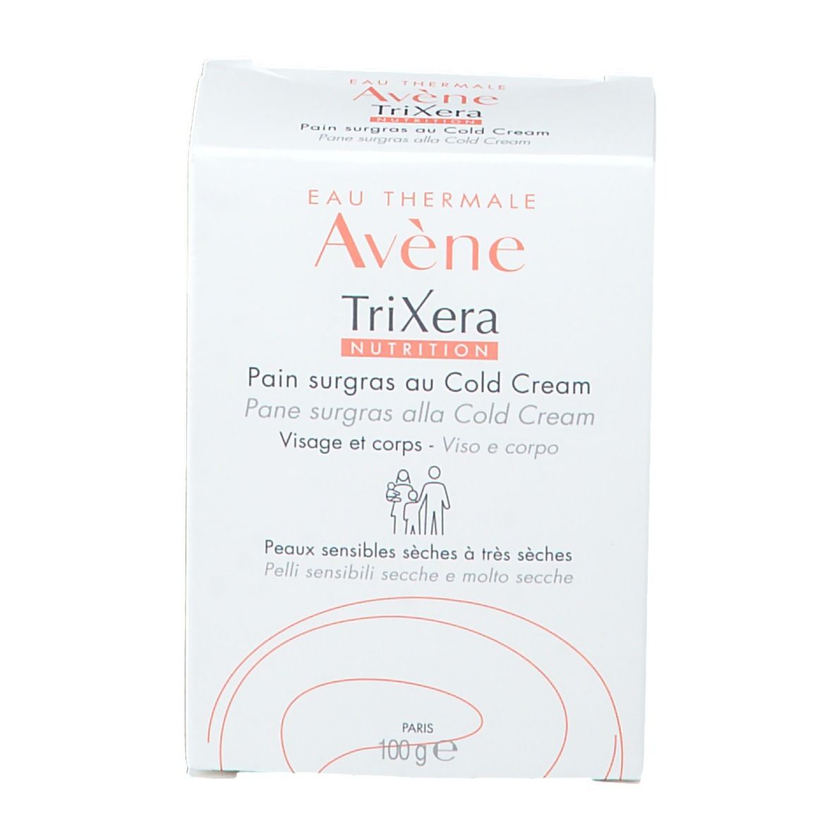 Confezione in cartone bianco. Scritte: Avène TriXera, pane surgras al Cold Cream. Per pelli da secche a molto secche. 100g.