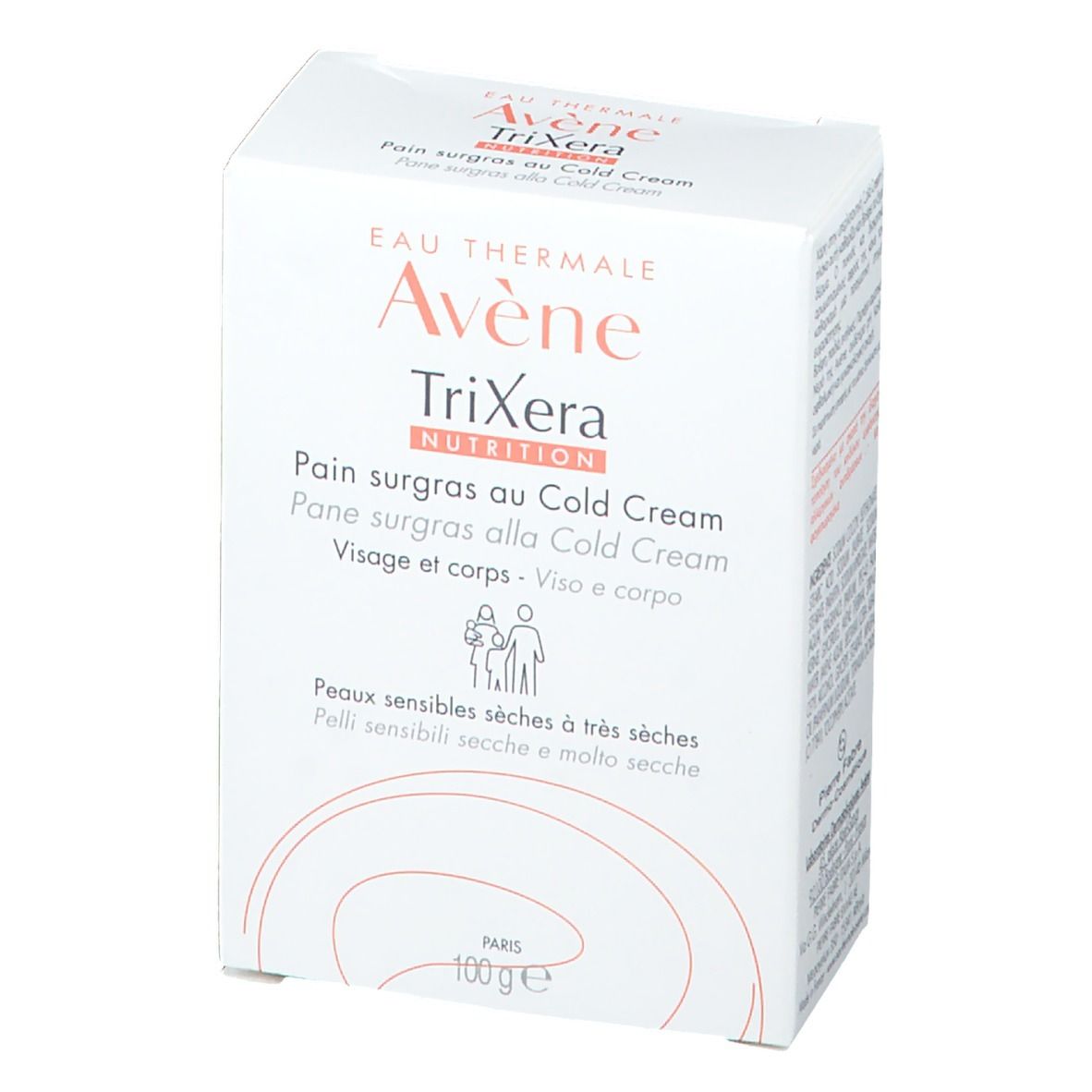 Confezione in cartone bianco. Scritte: Avène TriXera, pane surgras al Cold Cream. Per pelli da secche a molto secche. 100g.