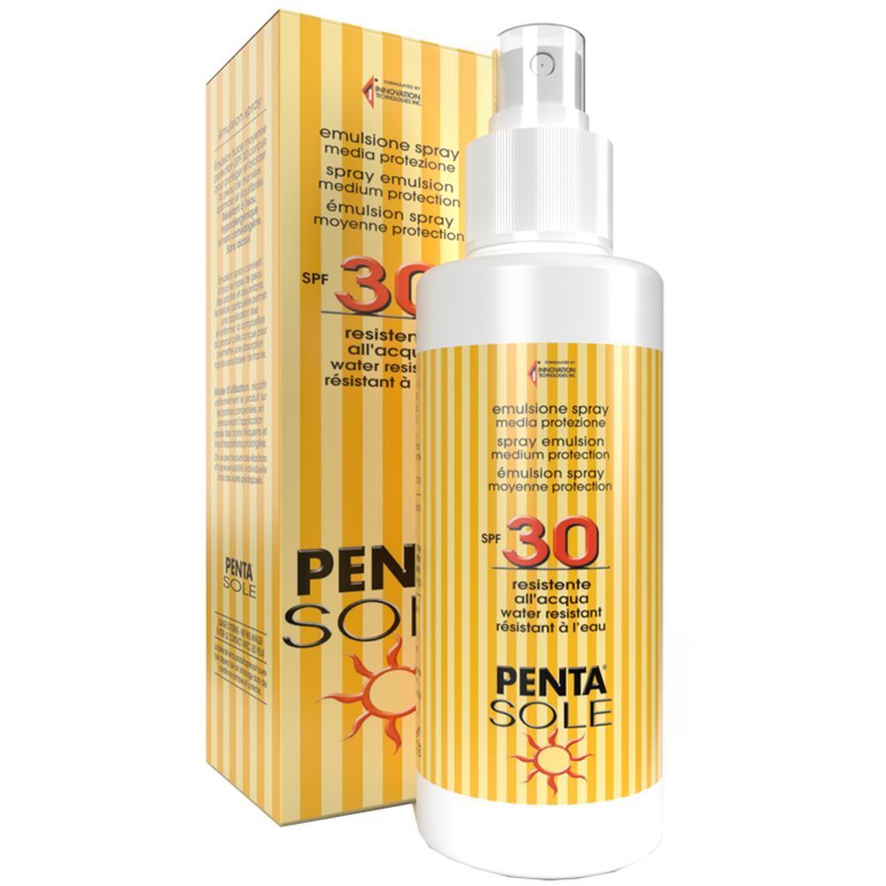 Spray solare SPF 30. Confezione gialla con nome prodotto e logo sole. Flacone con erogatore.