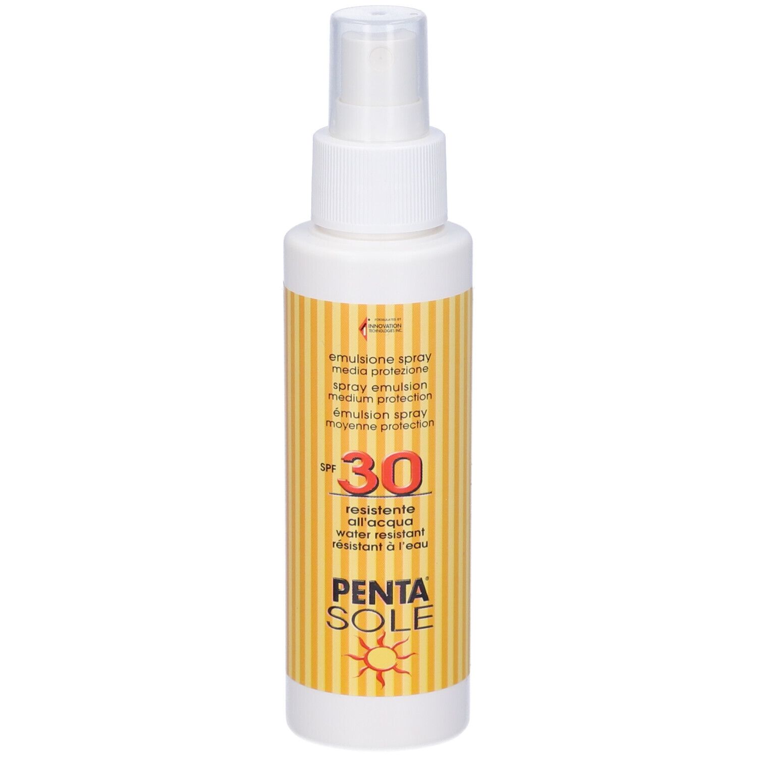 Spray solare SPF 30. Flacone bianco con etichetta gialla. Nome del prodotto e SPF ben visibili.