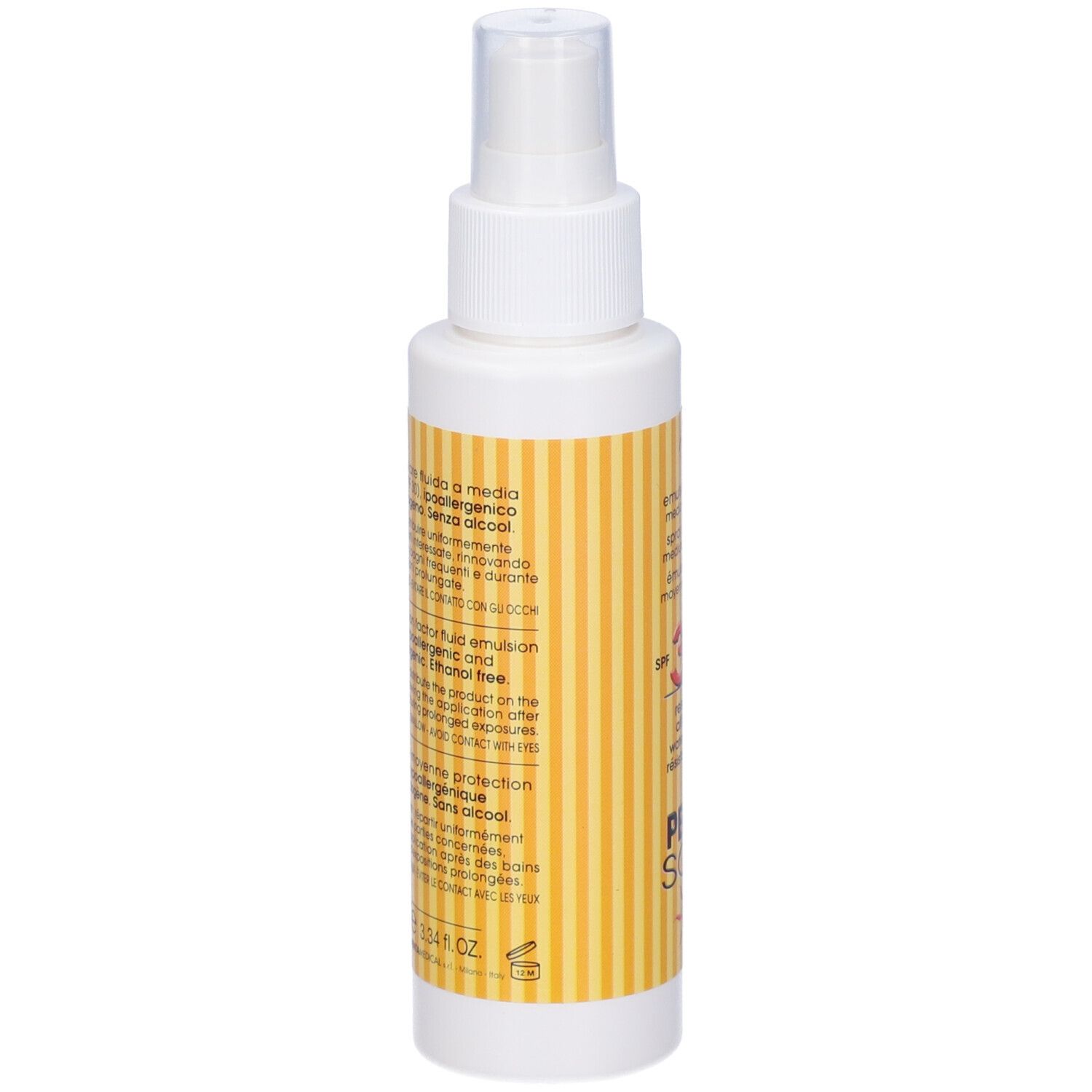 Flacone spray solare, retro. Etichetta gialla con informazioni e testo sul prodotto.