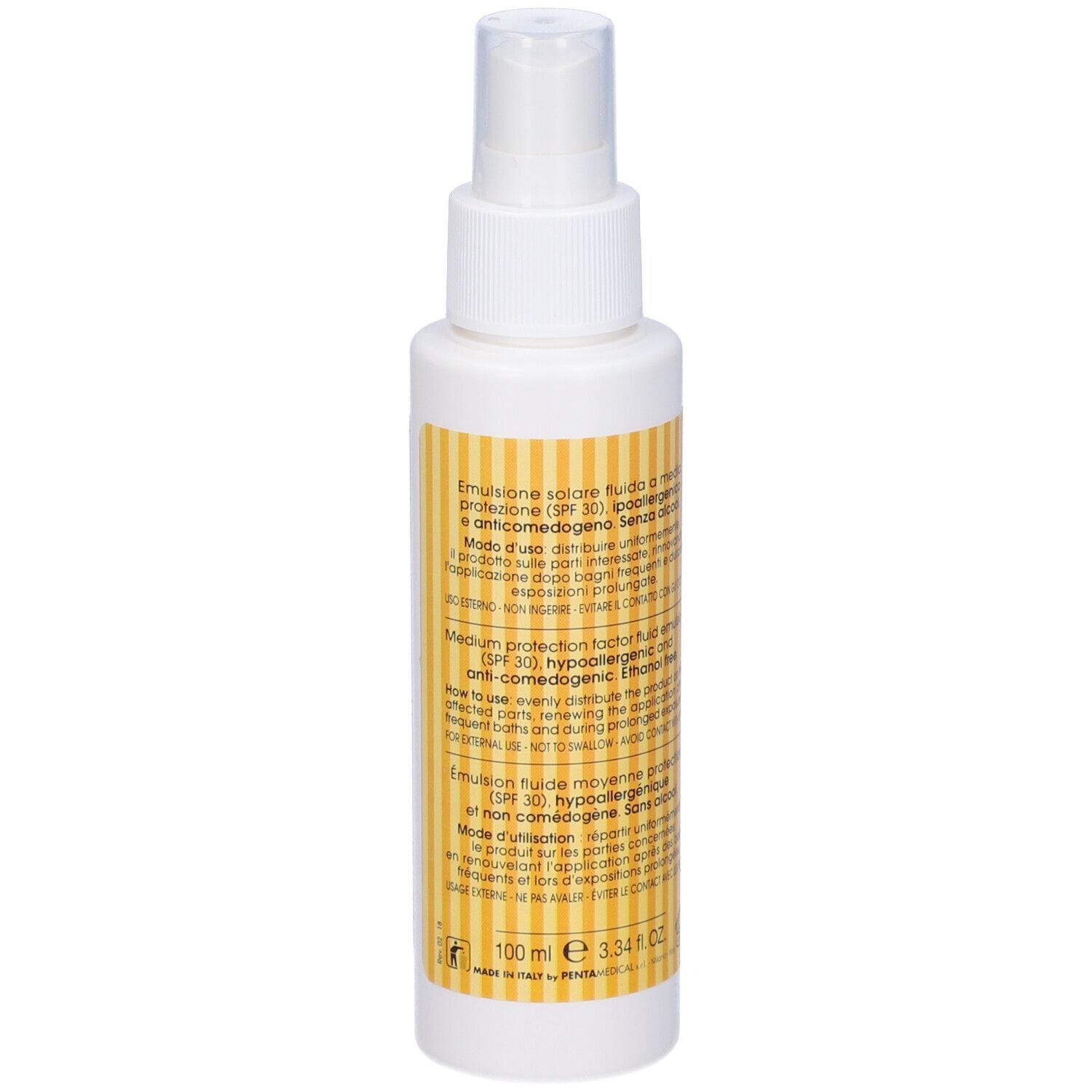 Flacone spray solare, retro. Etichetta gialla con informazioni e testo sul prodotto.