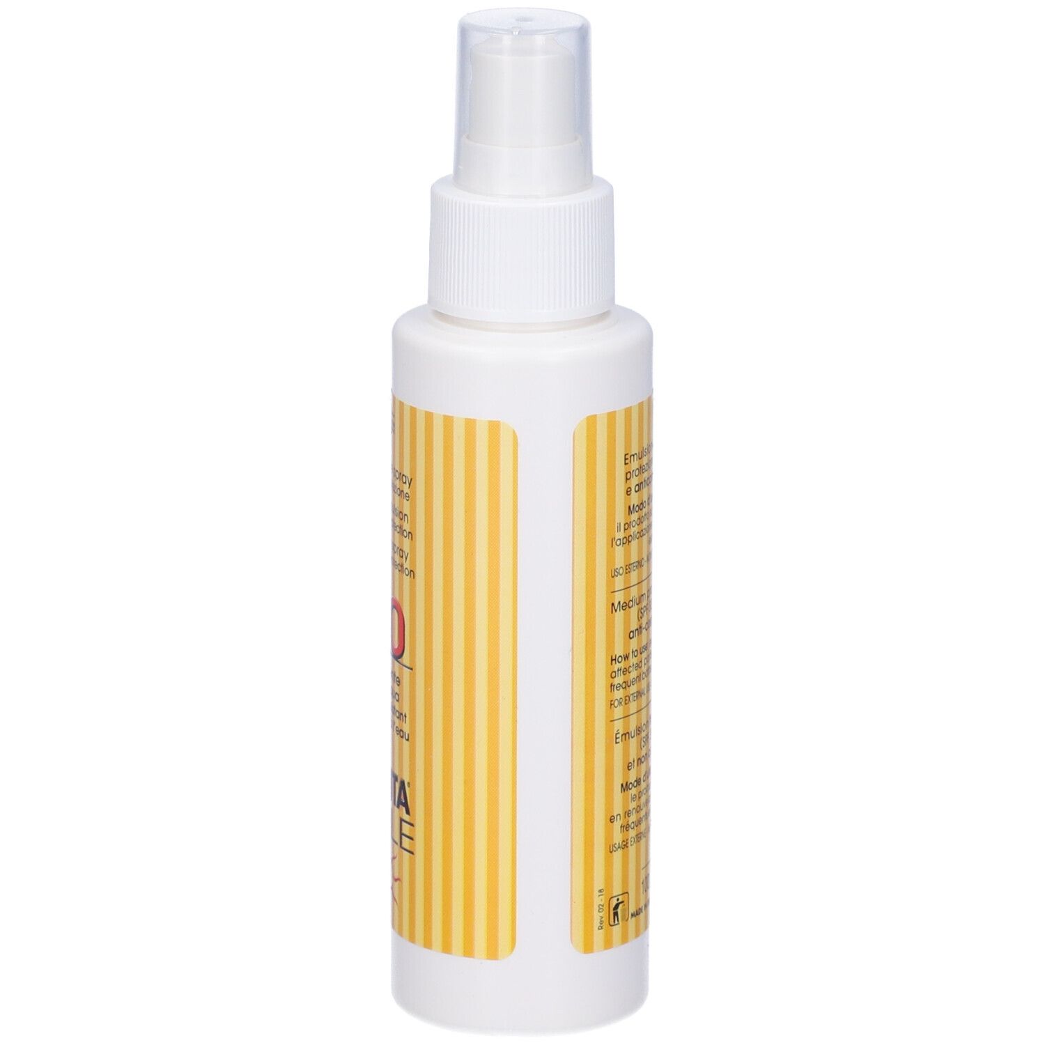 Flacone spray solare, lato. Etichetta gialla con informazioni e testo sul prodotto.