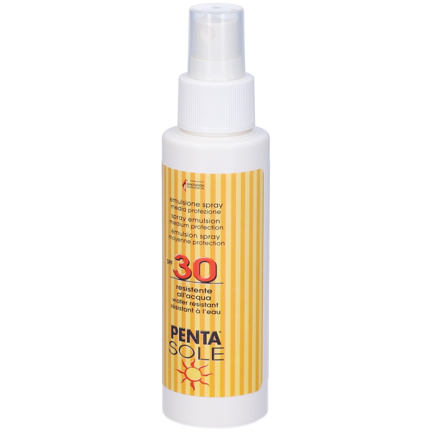 Spray solare SPF 30. Flacone bianco con etichetta gialla. Nome del prodotto e SPF ben visibili.