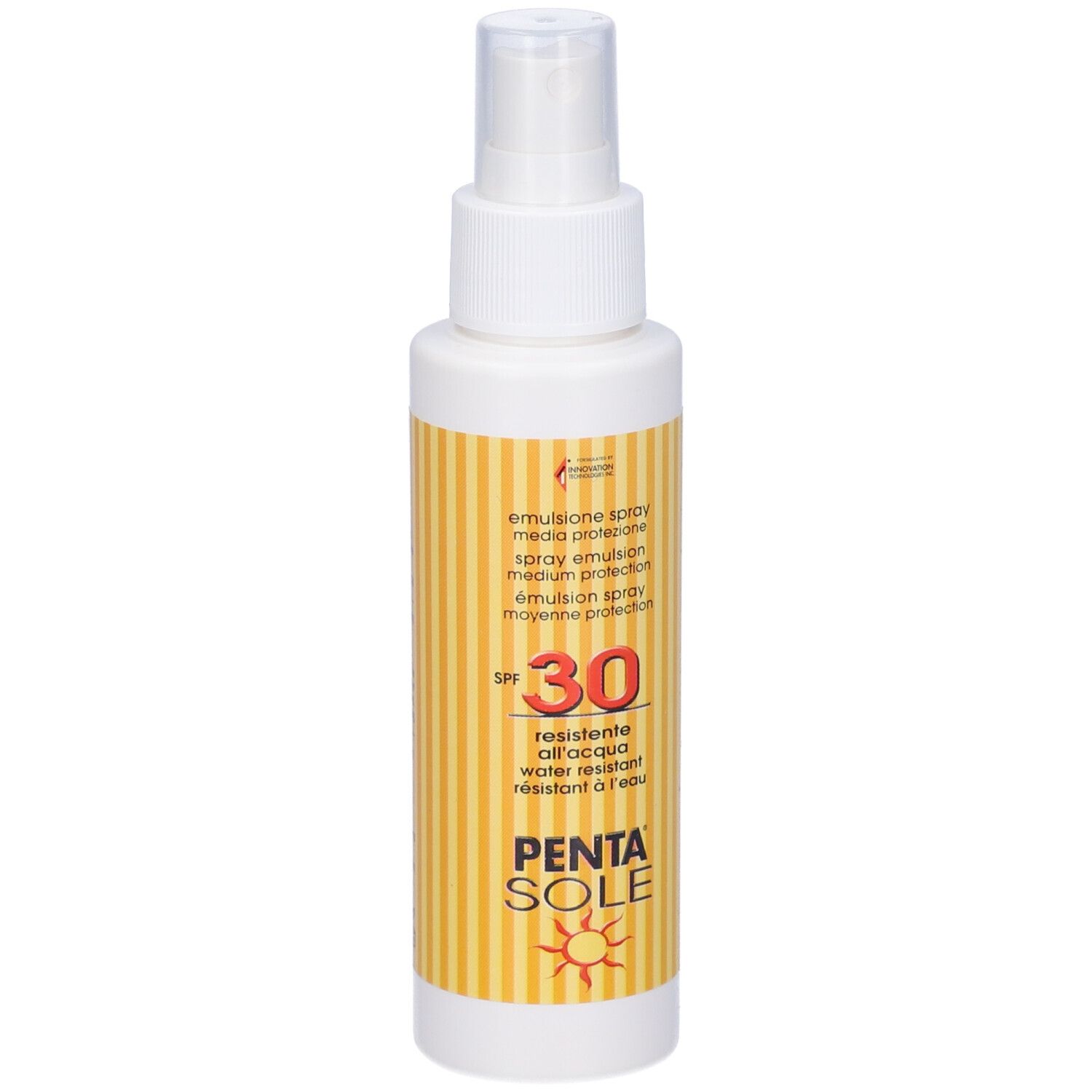 Spray solare SPF 30. Flacone bianco con etichetta gialla. Nome del prodotto e SPF ben visibili.