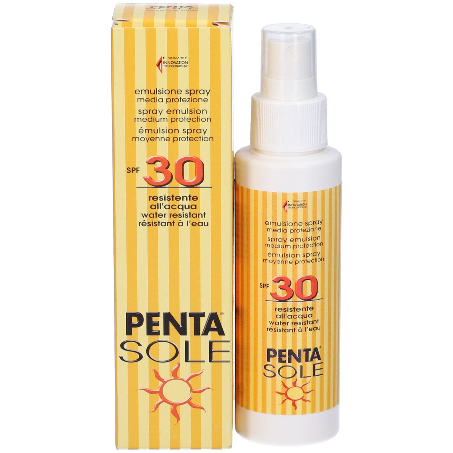 Spray solare SPF 30 e confezione. Confezione gialla con nome prodotto e logo sole.