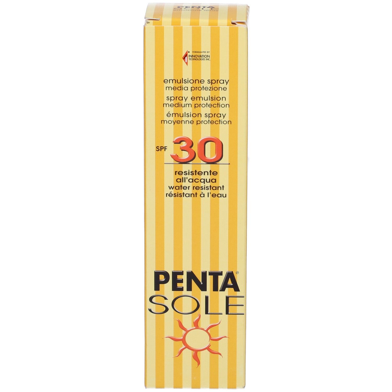 Confezione dello spray solare. Confezione gialla con nome prodotto e logo sole.