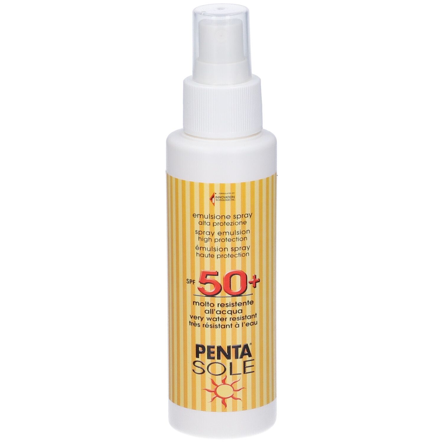 Flacone spray bianco, etichetta a strisce gialle. Testo: SPF 50+, PENTA SOLE. Protezione solare.