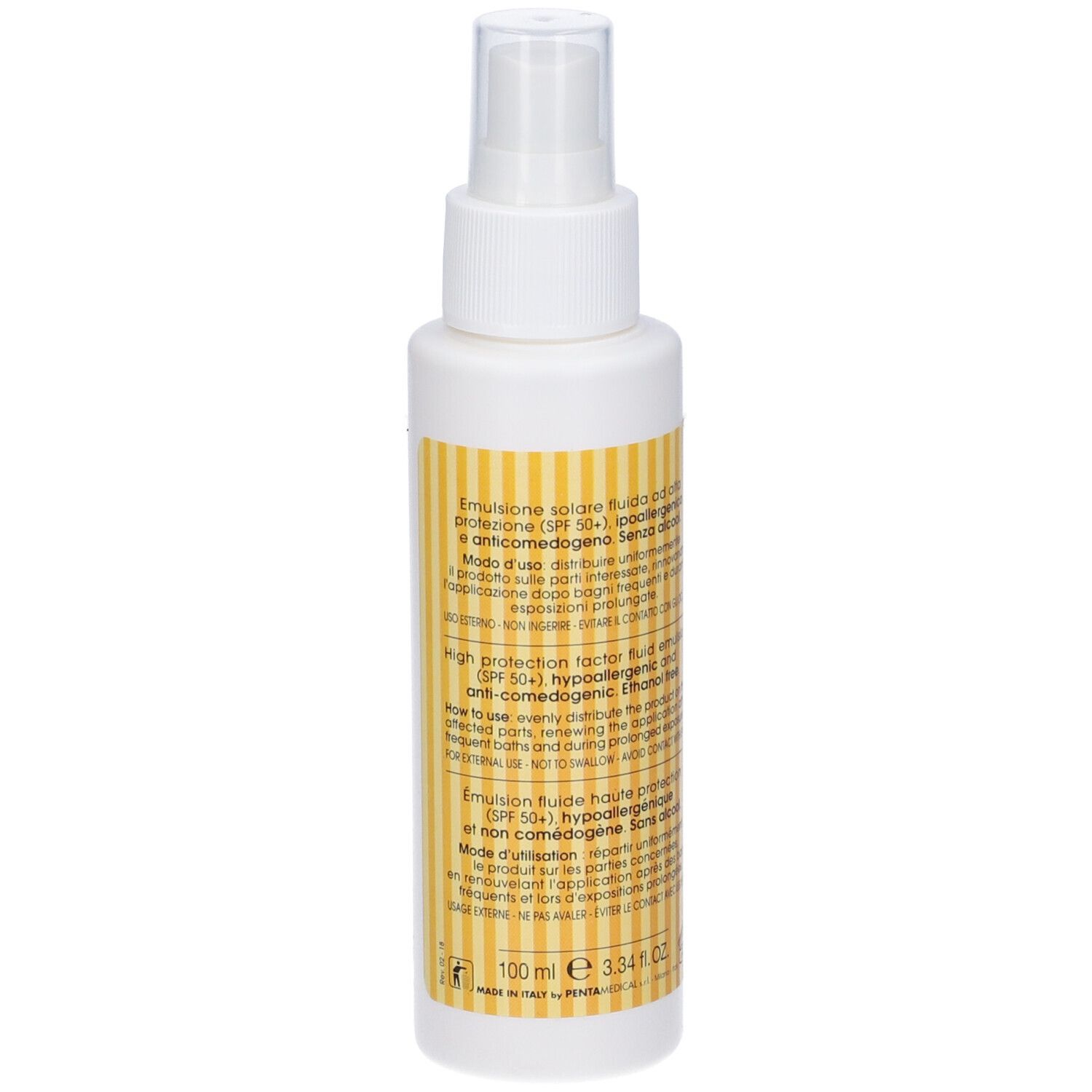 Flacone spray bianco, etichetta a strisce gialle. Testo in italiano. Protezione solare.