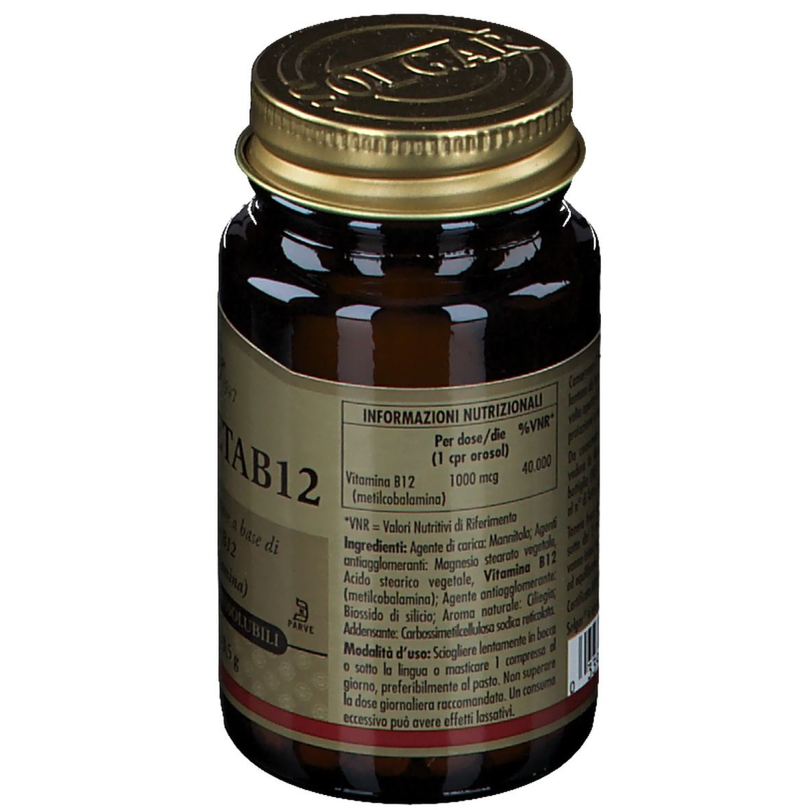 Retro del flacone. Informazioni nutrizionali e ingredienti. SOLGAR Vita MetaB12. 1000 mcg di vitamina B12.