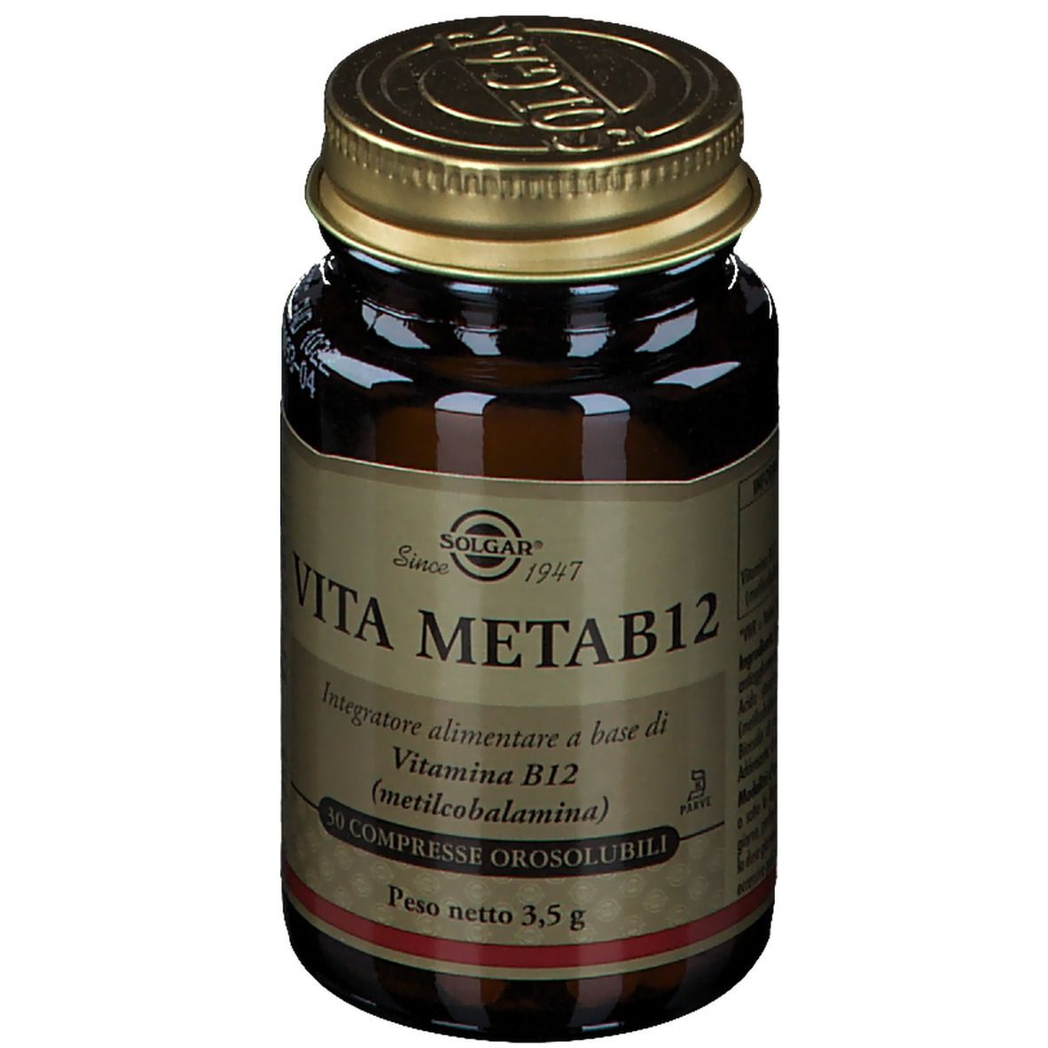 Flacone di vetro marrone con tappo dorato. Scritta: SOLGAR Vita MetaB12. 30 compresse. Peso netto 3,5 g.