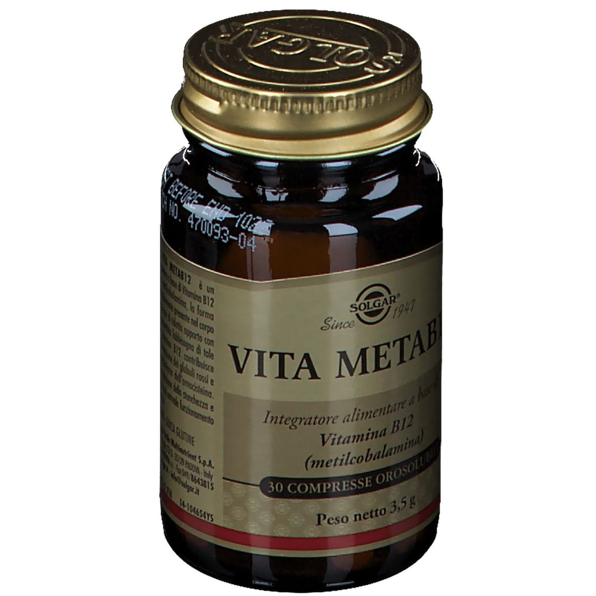 Flacone di vetro marrone con tappo dorato. Scritta: SOLGAR Vita MetaB12. 30 compresse. Data di scadenza.