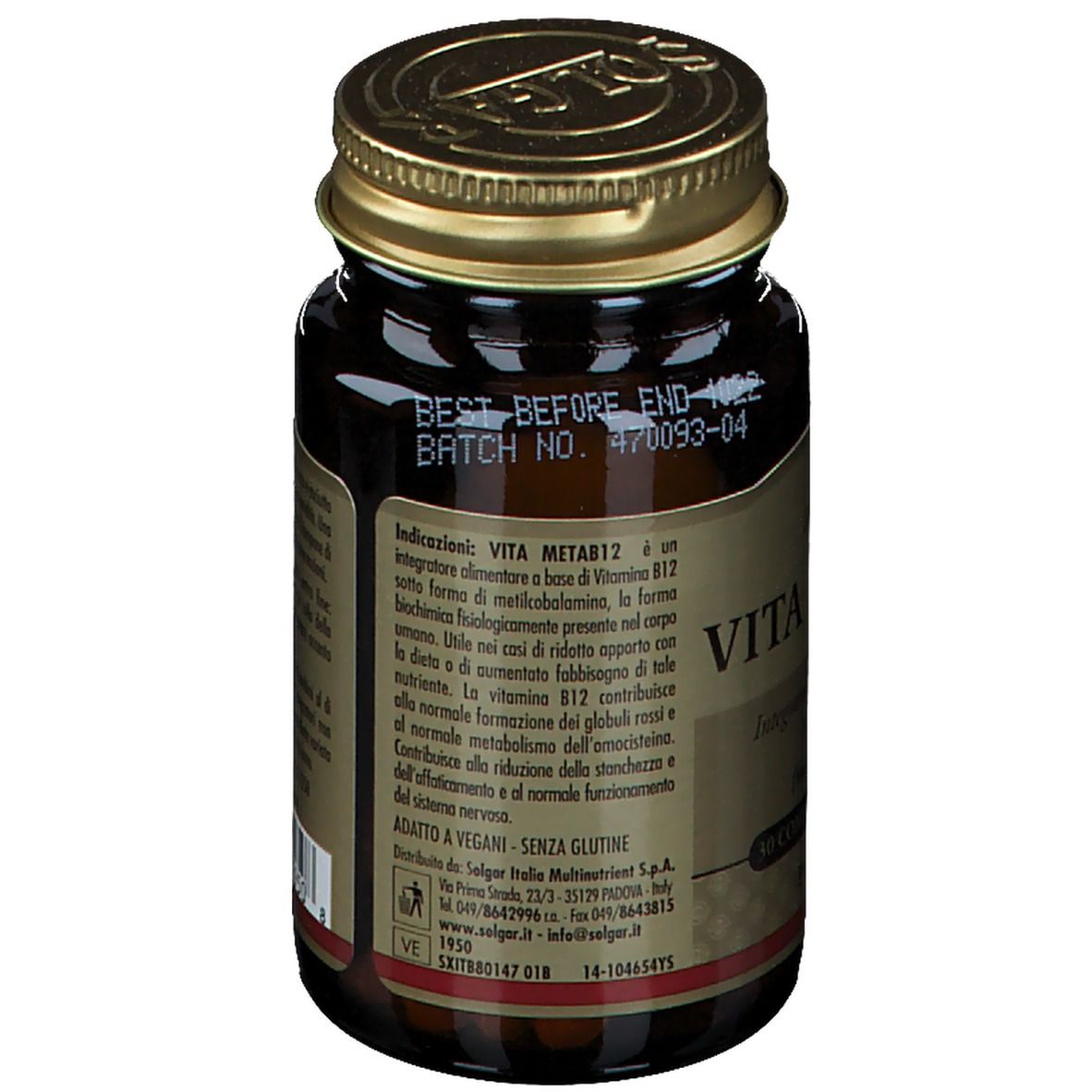 Retro del flacone. Informazioni sugli ingredienti e l'uso. SOLGAR Vita MetaB12. Vegano.