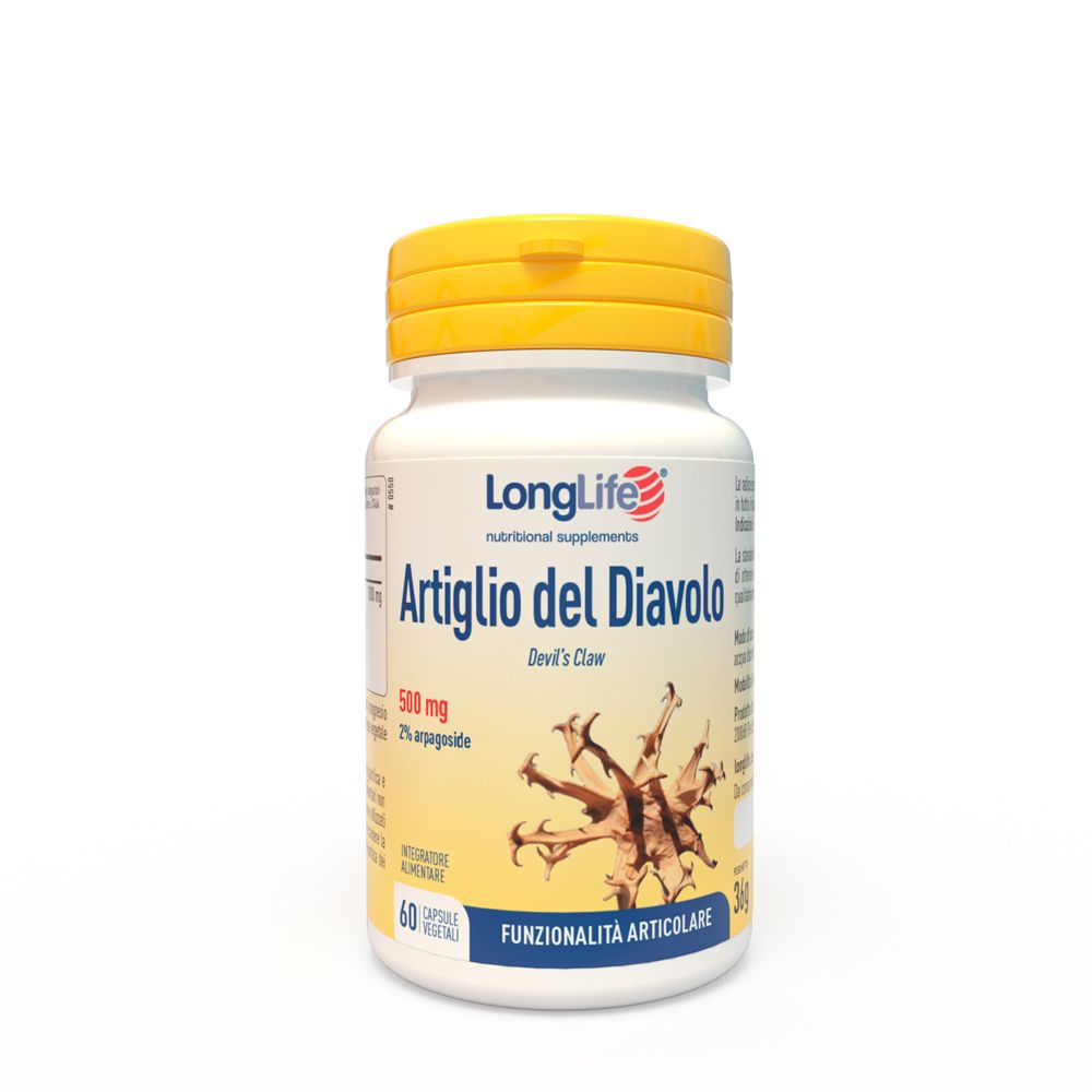Flacone bianco, tappo giallo. Scritta: Artiglio del Diavolo, 500 mg, 60 capsule. Immagine di una radice.