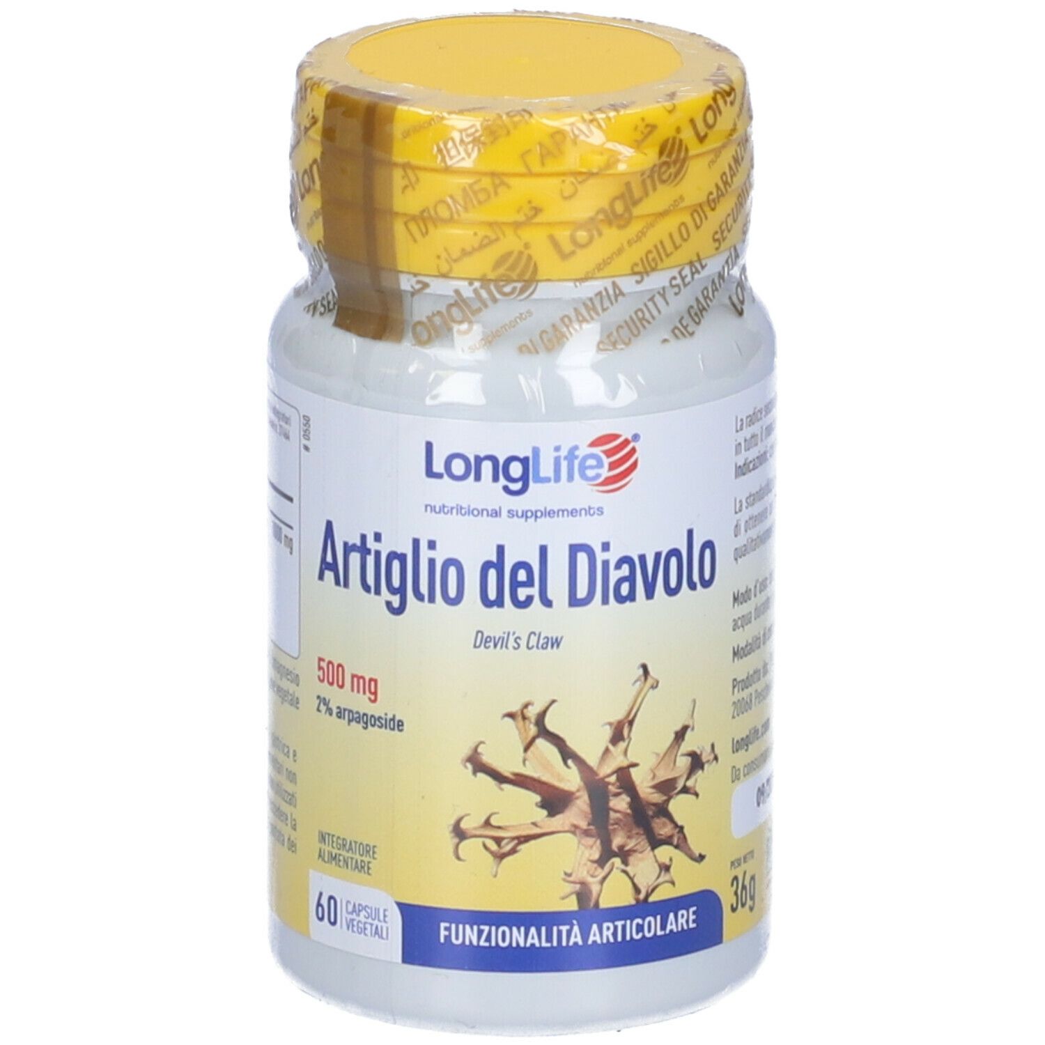 Flacone bianco, tappo giallo e sigillo. Scritta: Artiglio del Diavolo, 500 mg, 60 capsule. Illustrazione radice.