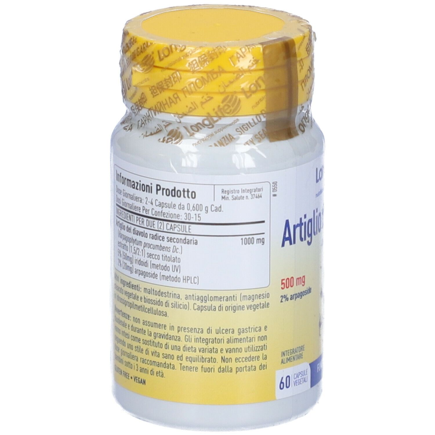 Flacone bianco, tappo giallo. Retro con informazioni prodotto. Scritta: Artiglio del Diavolo, 60 capsule.