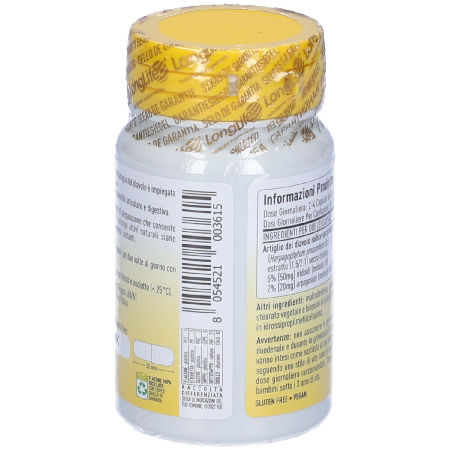 Flacone bianco, tappo giallo. Retro con informazioni prodotto. Scritta: Artiglio del Diavolo, 60 capsule.
