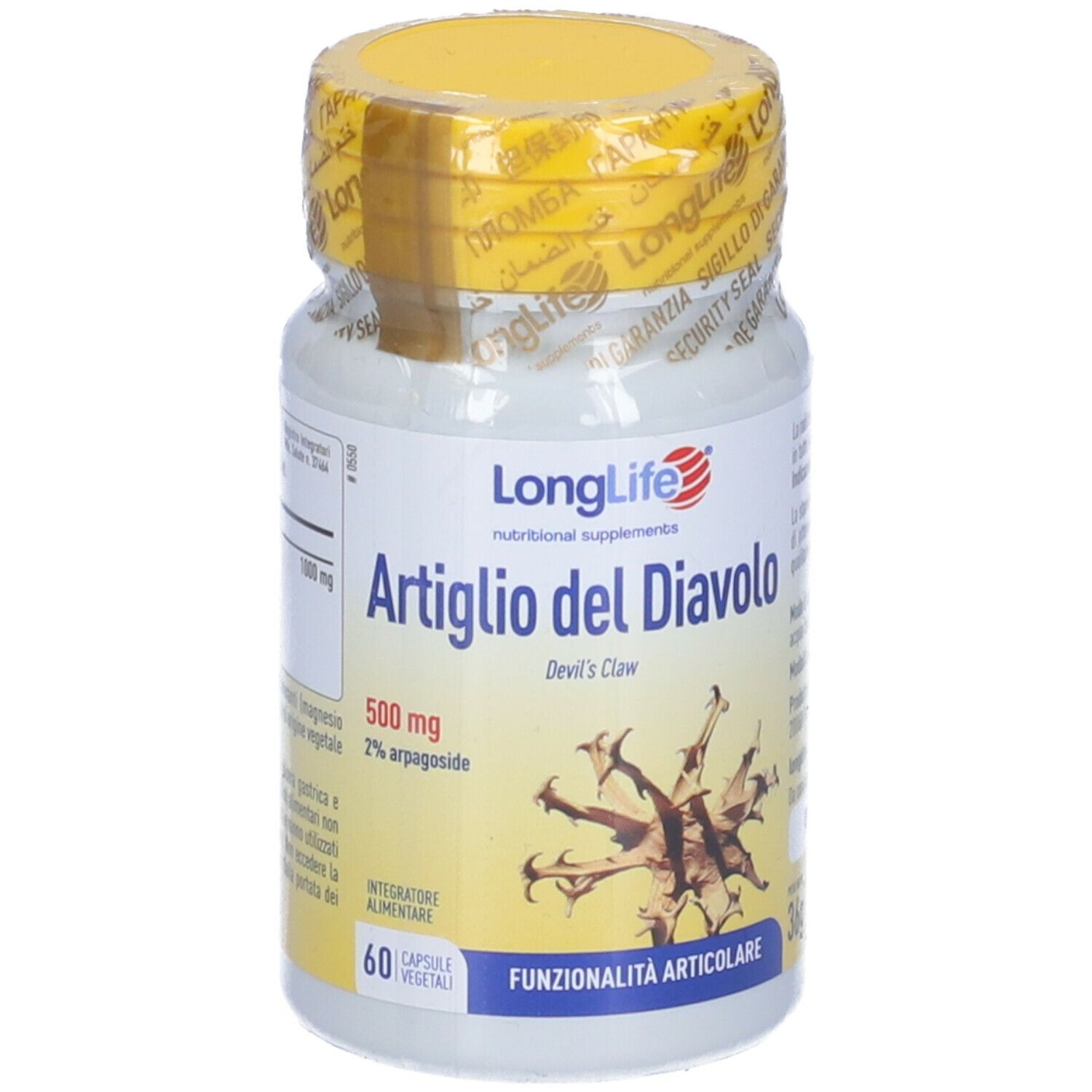 Flacone bianco, tappo giallo. Scritta: Artiglio del Diavolo, 500 mg, 60 capsule. Illustrazione radice.