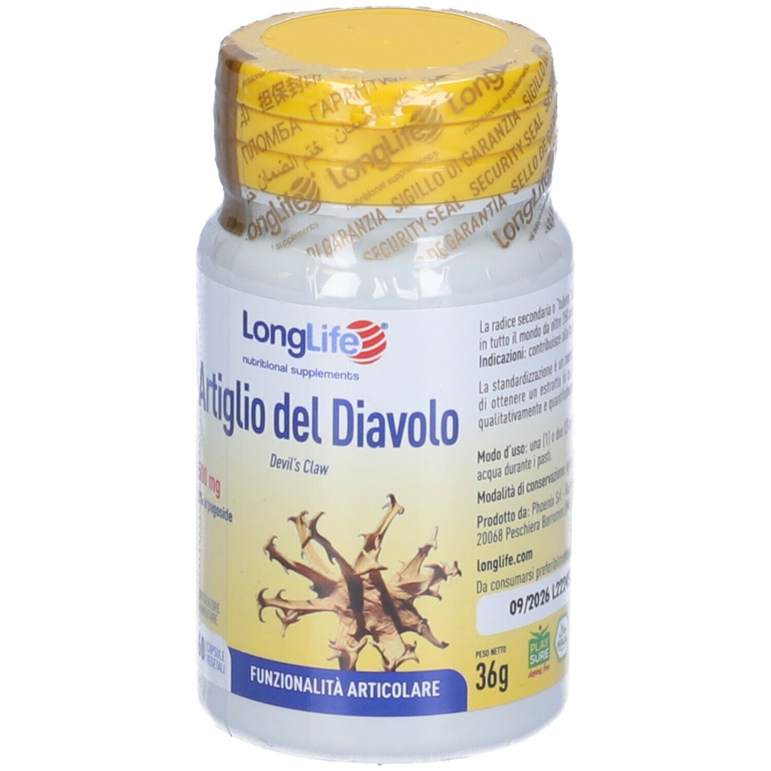 Flacone bianco, tappo giallo. Scritta: Artiglio del Diavolo, 500 mg, 60 capsule. Illustrazione radice.