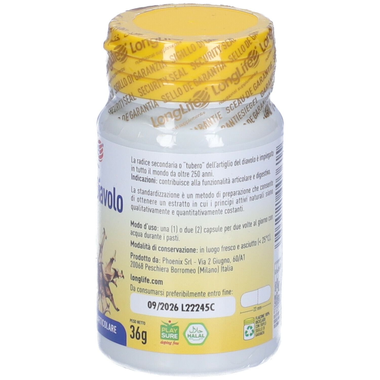 Flacone bianco, tappo giallo. Scritta: Artiglio del Diavolo, 500 mg, 60 capsule. Illustrazione radice.