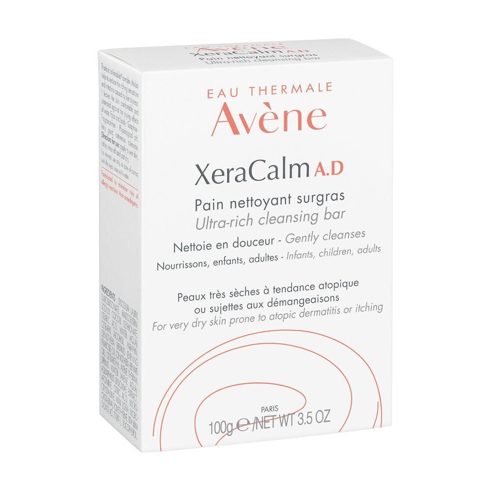 Confezione in cartone bianca. Scritte: Eau Thermale Avène, XeraCalm A.D., Pain nettoyant surgras. Per pelli molto secche a tendenza atopica.