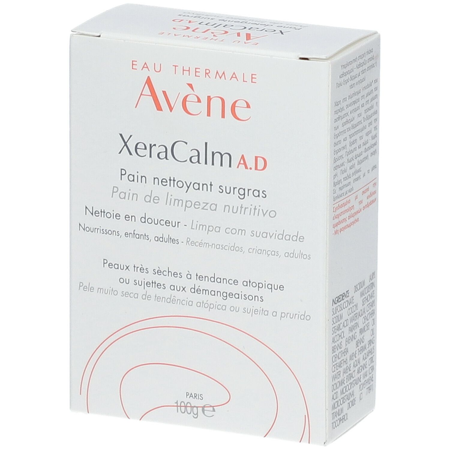 Confezione in cartone bianca. Scritte: Eau Thermale Avène, XeraCalm A.D., Pain nettoyant surgras. Per pelli molto secche a tendenza atopica.