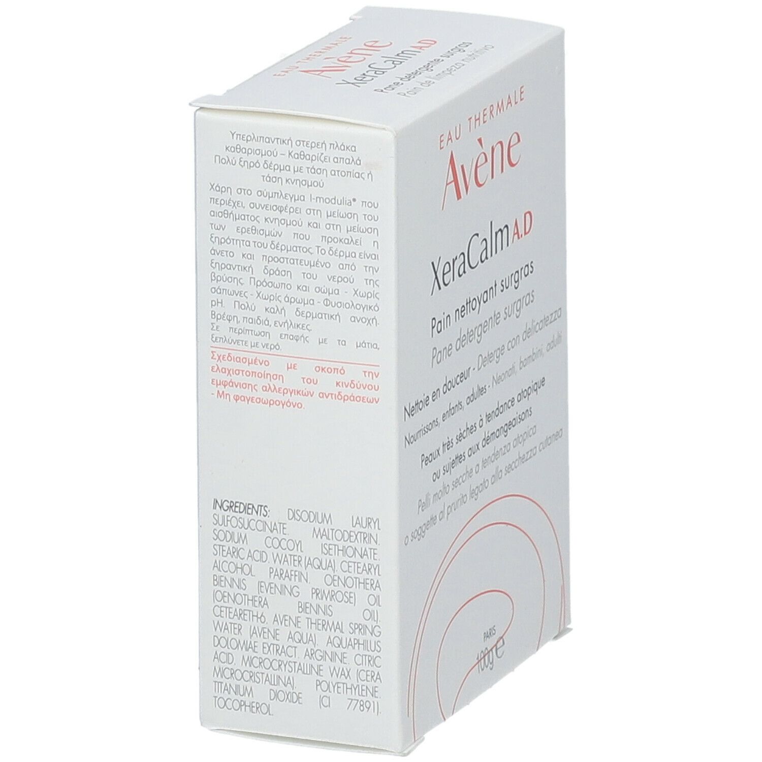 Confezione in cartone, vista obliqua. Scritte: Eau Thermale Avène, XeraCalm A.D., Pain nettoyant surgras. Per pelli molto secche a tendenza atopica.