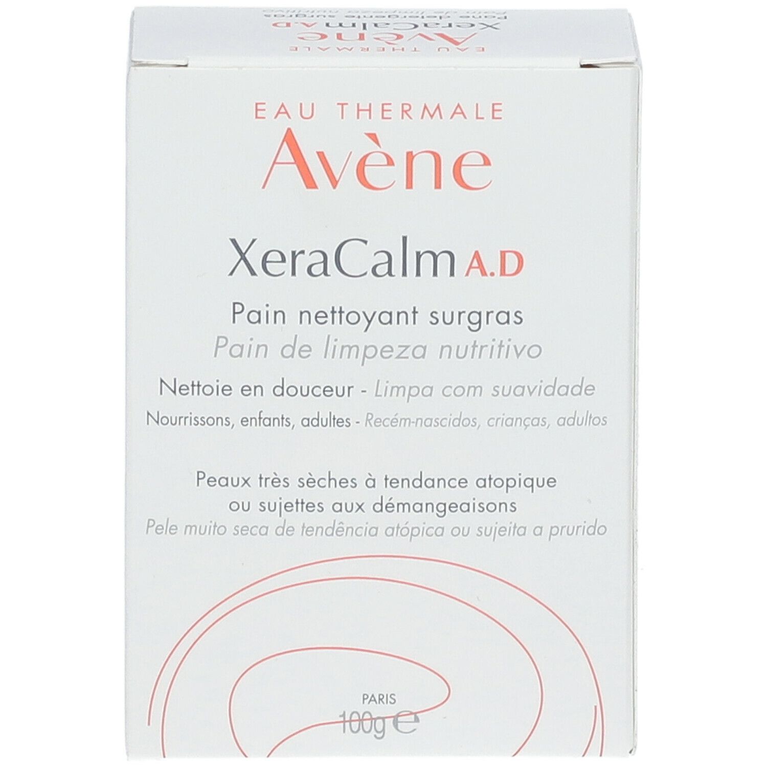 Confezione in cartone bianca. Scritte: Eau Thermale Avène, XeraCalm A.D., Pain nettoyant surgras. Per pelli molto secche a tendenza atopica.