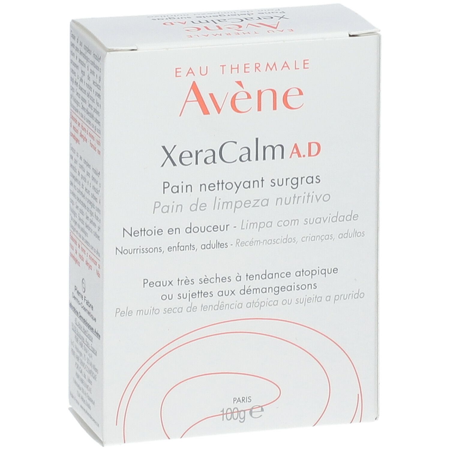 Confezione in cartone bianca. Scritte: Eau Thermale Avène, XeraCalm A.D., Pain nettoyant surgras. Per pelli molto secche a tendenza atopica.