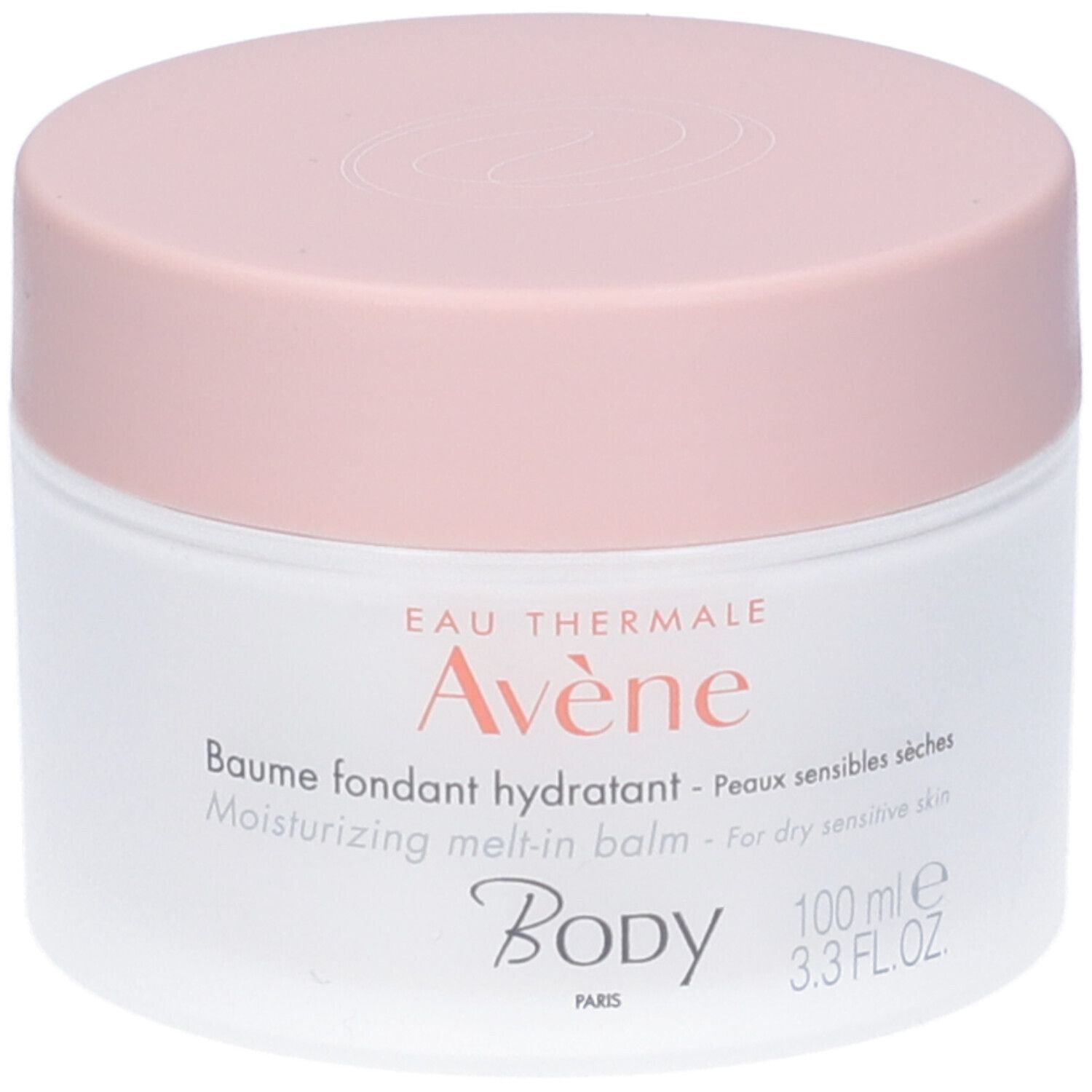 Vaso bianco con coperchio rosa. Scritta: Eau Thermale Avène, Baume fondant hydratant, Body.