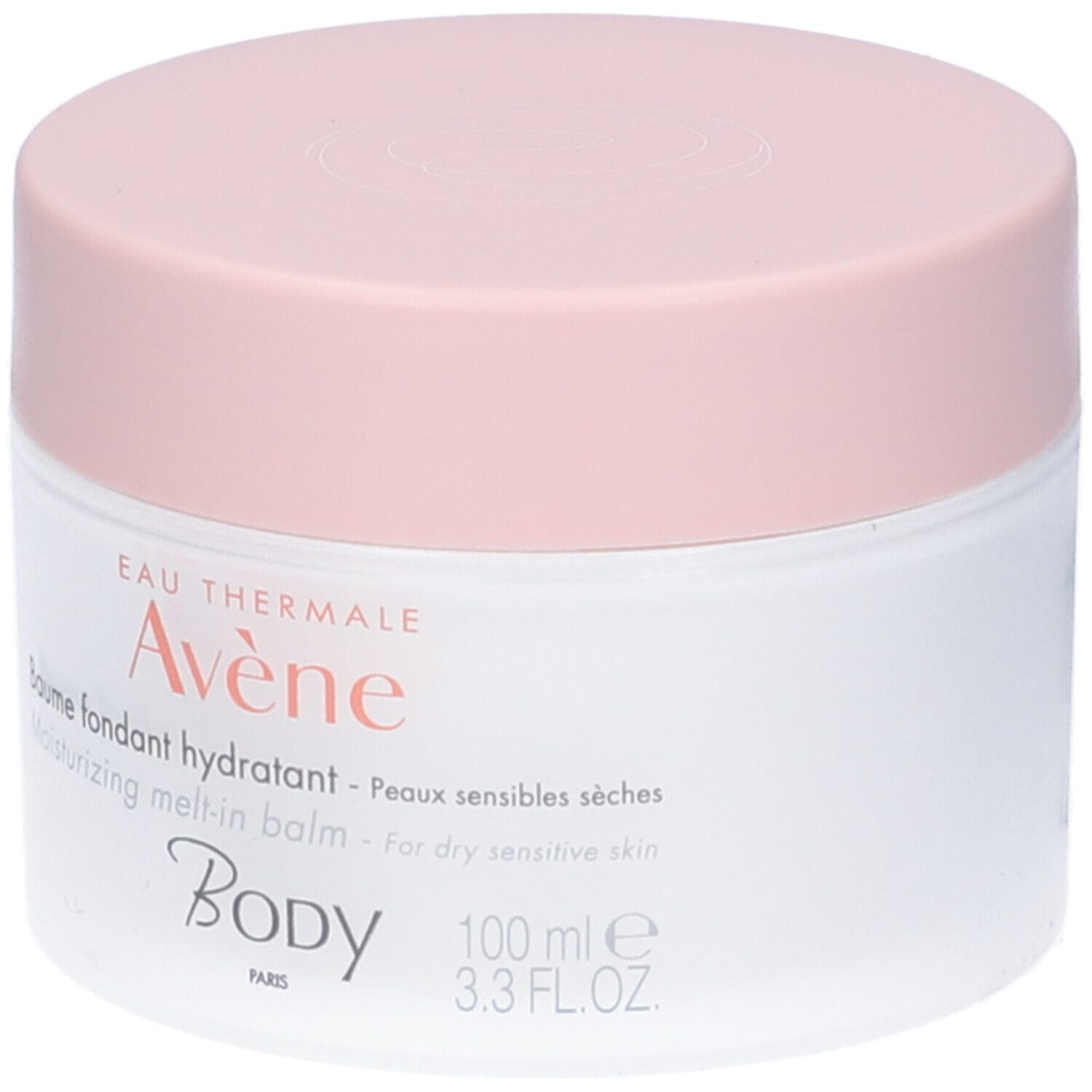 Vaso bianco con coperchio rosa. Scritta: Eau Thermale Avène, Baume fondant hydratant, Body.