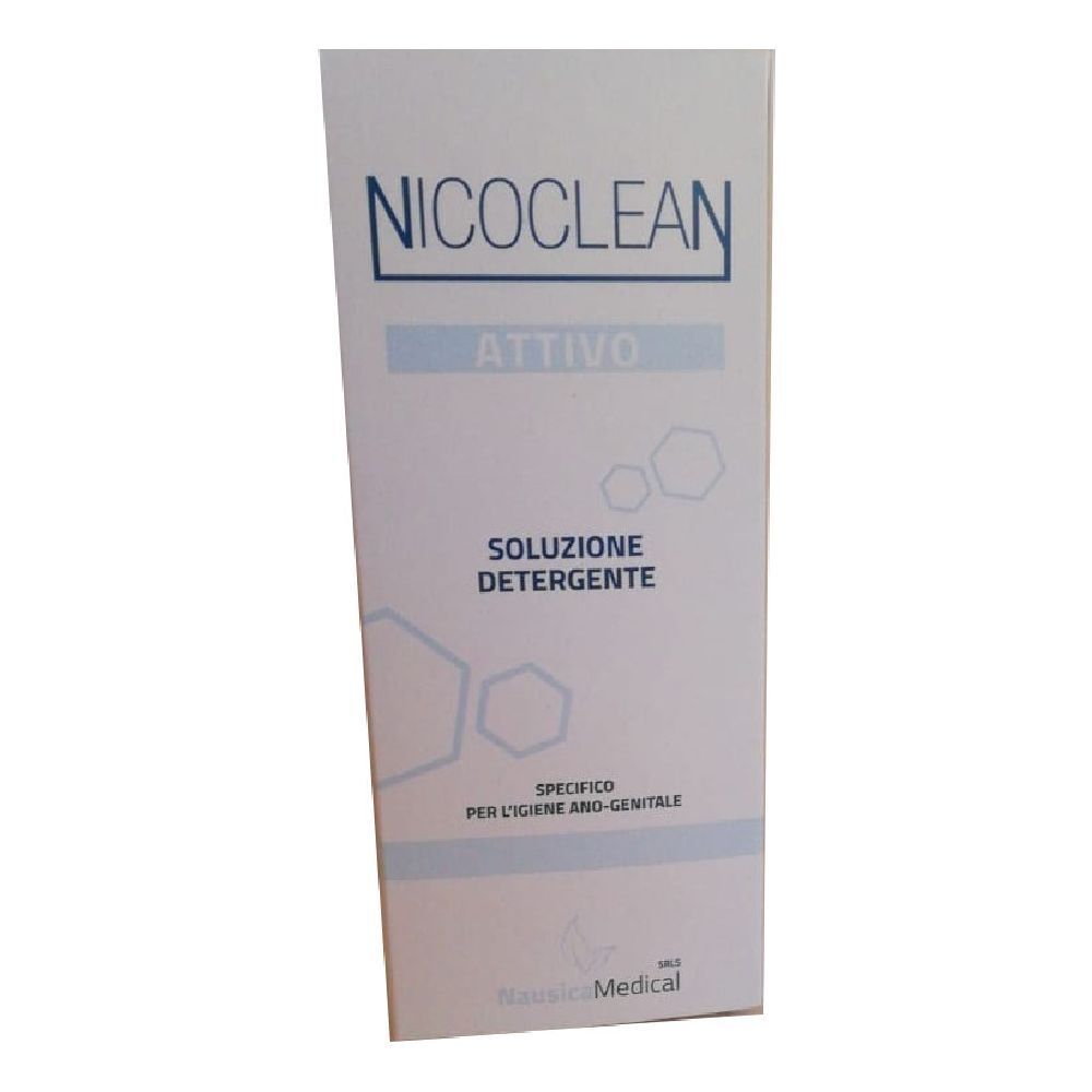 Confezione bianca con scritta NICOCLEAN, 'ATTIVO' e 'SOLUZIONE DETERGENTE'. Testo 'SPECIFICO PER L'IGIENE ANO-GENITALE'. Logo Nautica Medical.