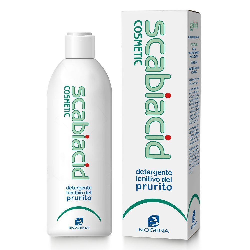 Flacone e scatola bianchi con scritta verde e rossa Scabiacid Cosmetic. Testo: Detergente lenitivo del prurito.