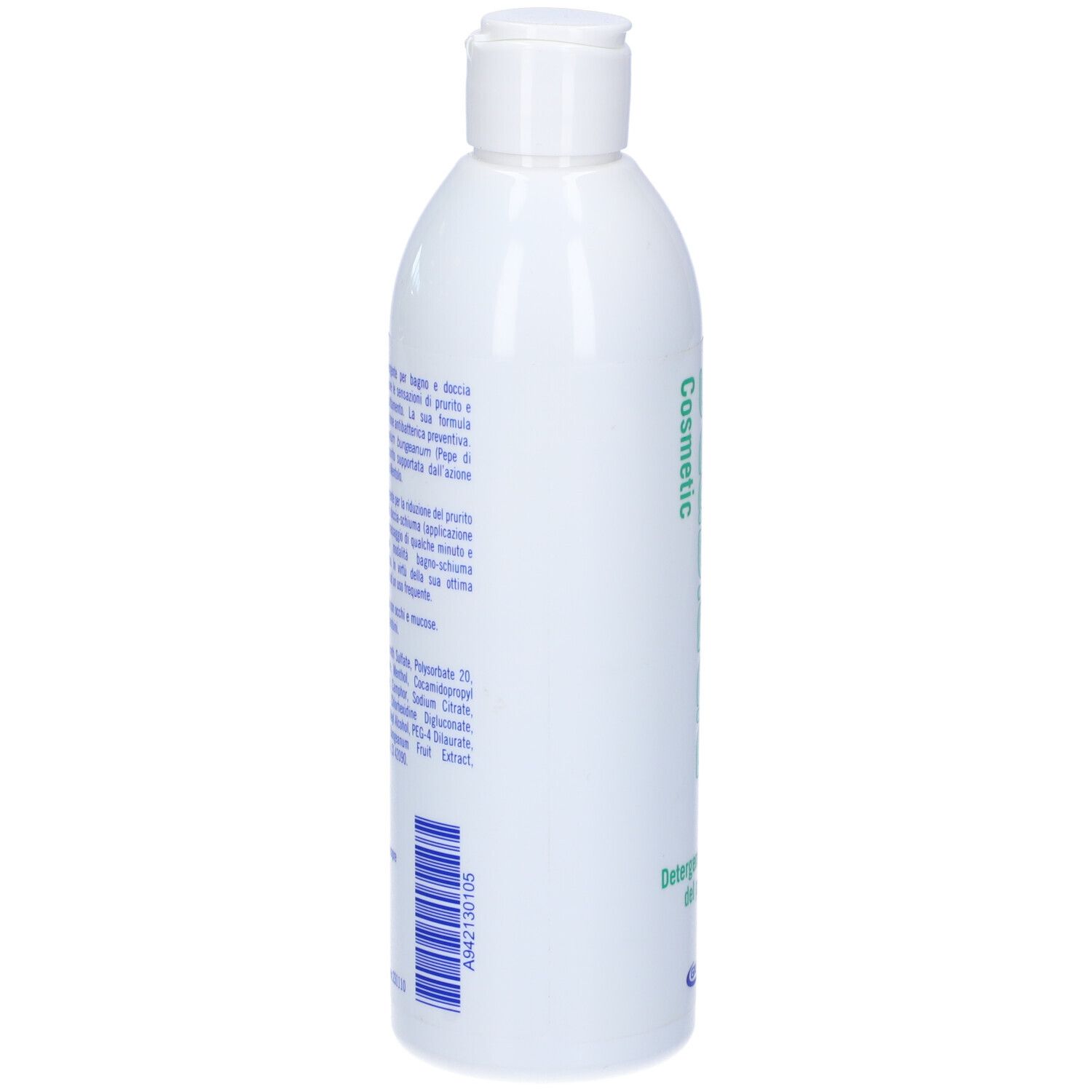 Flacone bianco con testo. Retro con ingredienti e istruzioni per l'uso. Marchio: Giuliani.