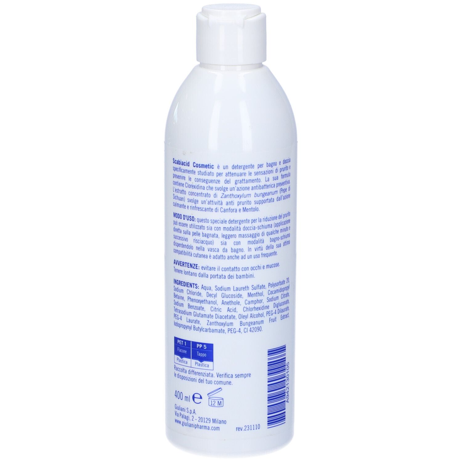 Flacone bianco con testo. Retro con ingredienti e istruzioni per l'uso. Marchio: Giuliani.