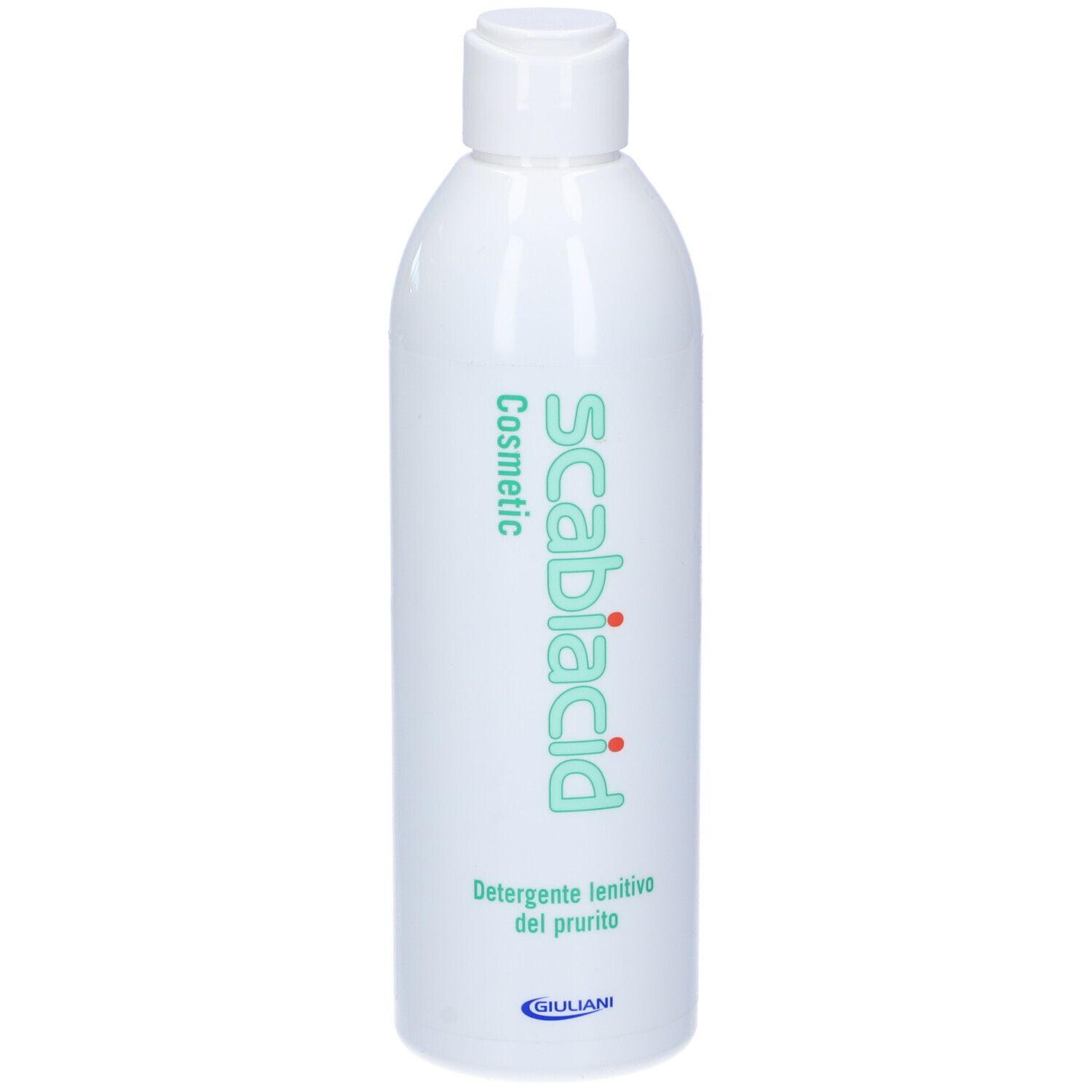 Flacone bianco con testo verde Scabiacid Cosmetic. Testo: Detergente lenitivo del prurito. Marchio: Giuliani.