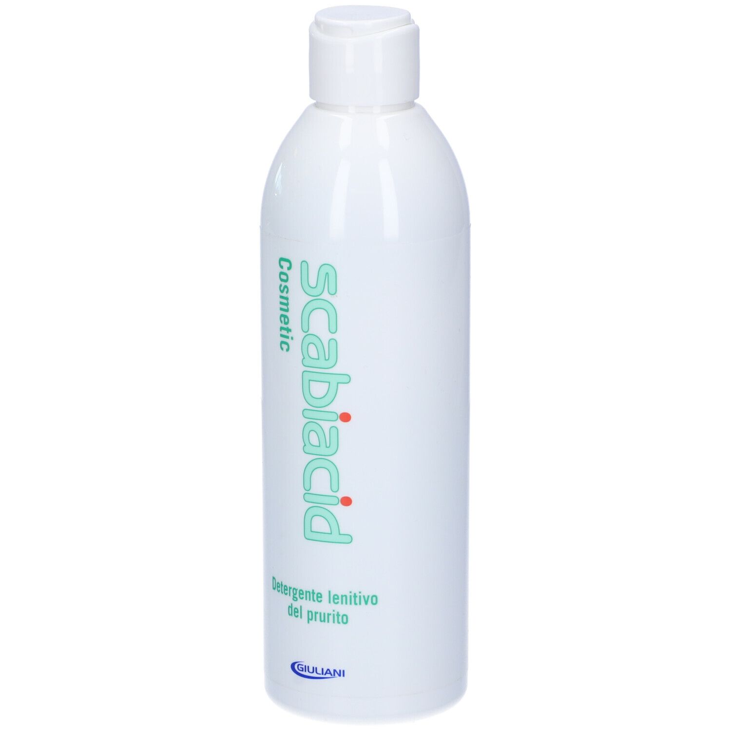 Flacone bianco con testo verde Scabiacid Cosmetic. Testo: Detergente lenitivo del prurito. Marchio: Giuliani.