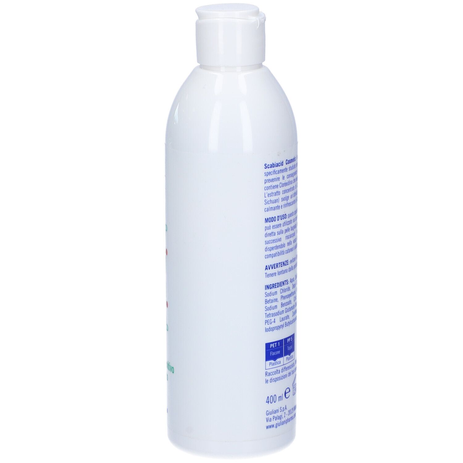 Flacone bianco con testo. Retro con ingredienti e istruzioni per l'uso. Marchio: Giuliani.