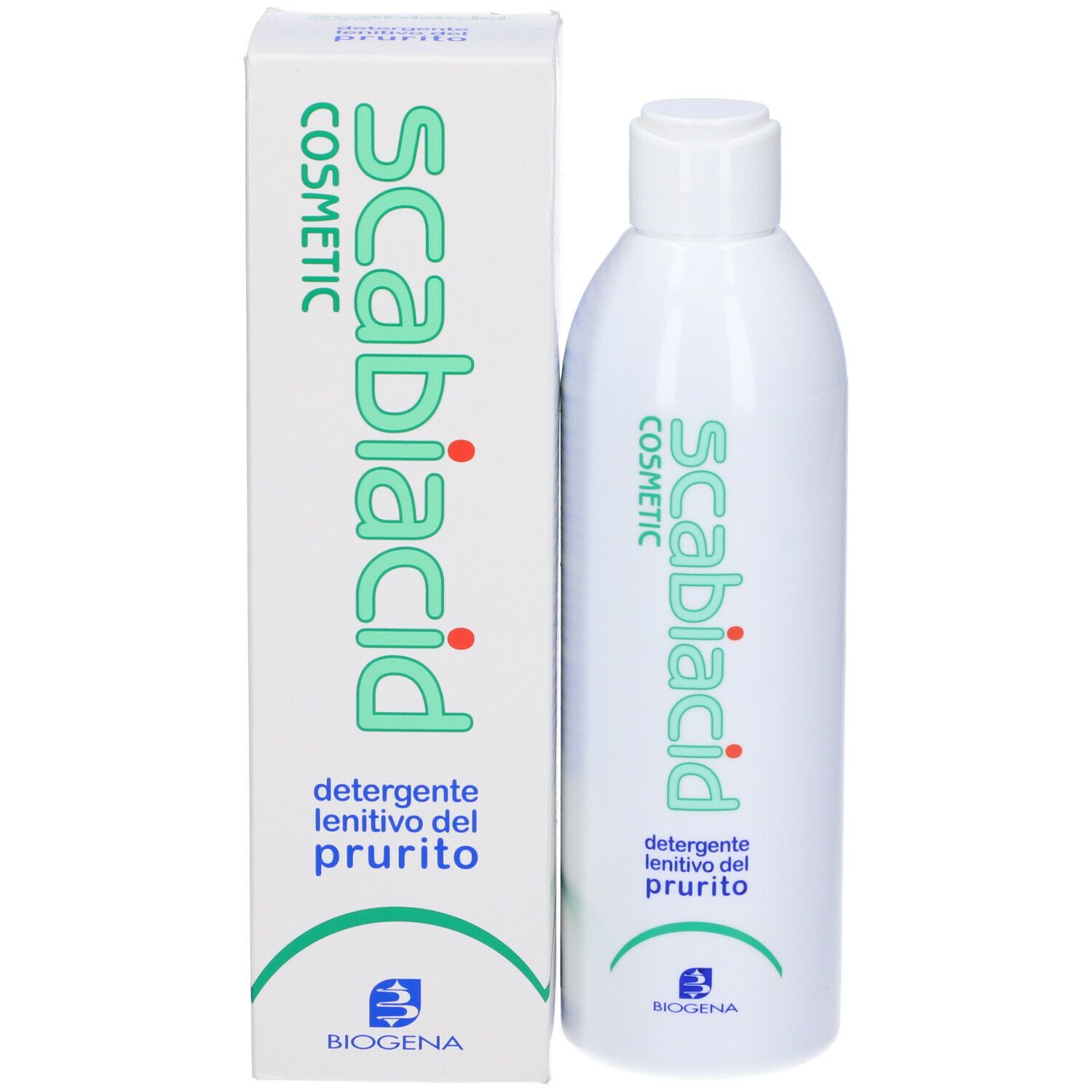 Flacone e scatola bianchi con scritta verde e rossa Scabiacid Cosmetic. Testo: Detergente lenitivo del prurito.
