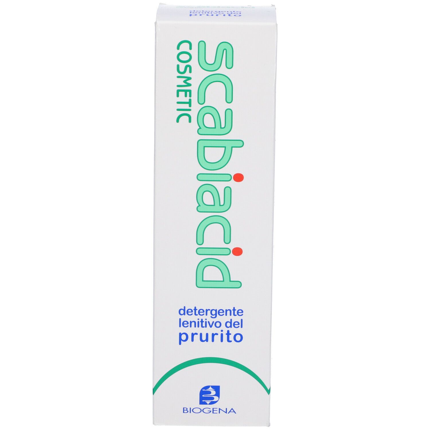 Scatola bianca con scritta verde e rossa Scabiacid Cosmetic. Testo: Detergente lenitivo del prurito.