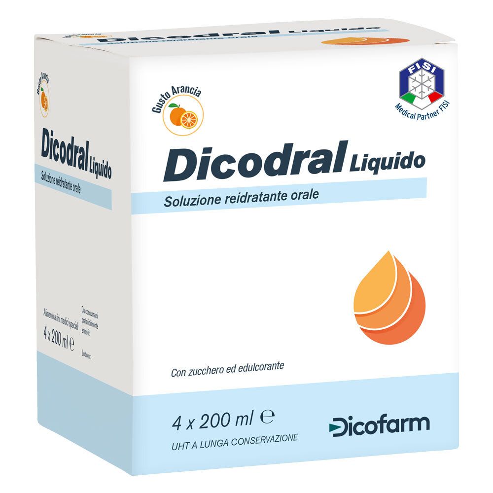 Confezione di Dicodral Liquido. Scatola bianca con nome e logo del prodotto. Contiene 4 flaconi. Gusto arancia.