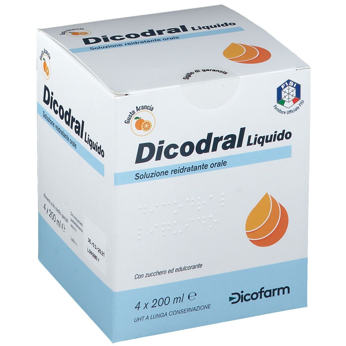 Confezione di Dicodral Liquido. Scatola bianca con nome e logo. Contiene 4 flaconi. Scritta in braille.