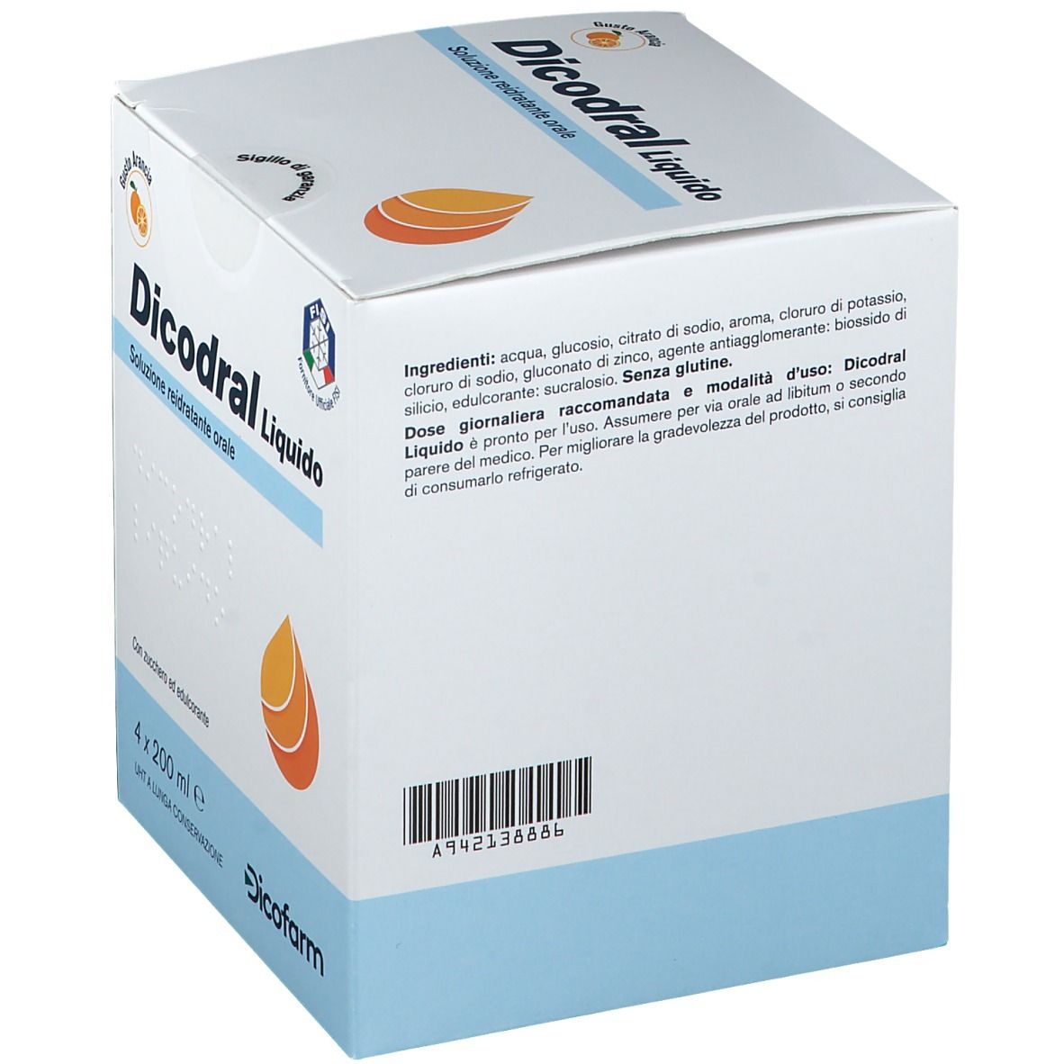 Retro della confezione di Dicodral Liquido. Ingredienti, istruzioni per l'uso e codice a barre.