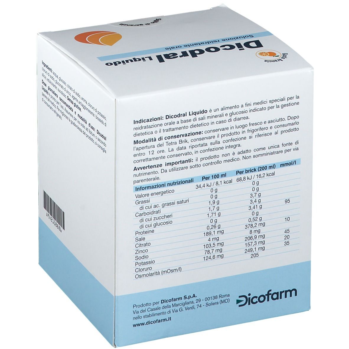 Retro della confezione di Dicodral Liquido. Informazioni nutrizionali e altre informazioni.