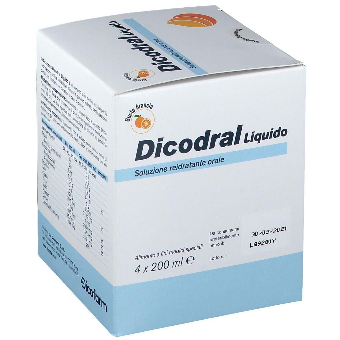 Confezione di Dicodral Liquido. Scatola bianca con nome e logo. Contiene 4 flaconi. Data di scadenza.