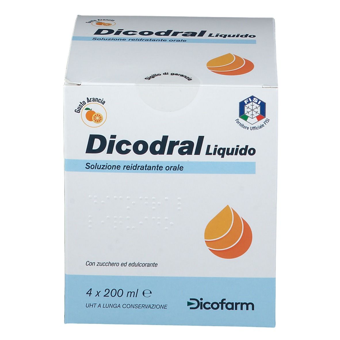 Confezione di Dicodral Liquido. Scatola bianca con nome e logo. Contiene 4 flaconi. Sigillo di garanzia.