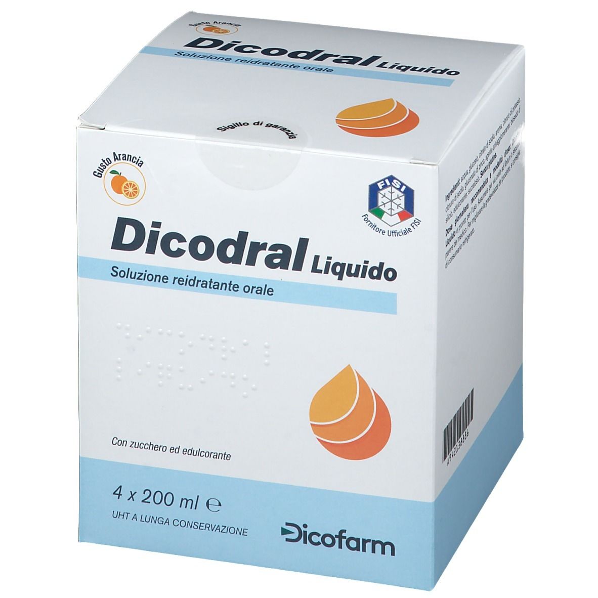Confezione di Dicodral Liquido. Scatola bianca con nome e logo. Contiene 4 flaconi. Sigillo di garanzia.