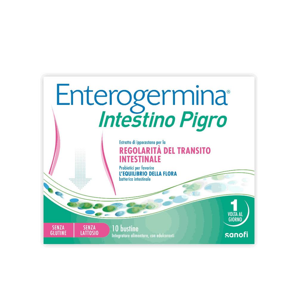 Scatola Enterogermina Intestino Pigro. Testo: 10 bustine, senza glutine, senza lattosio.