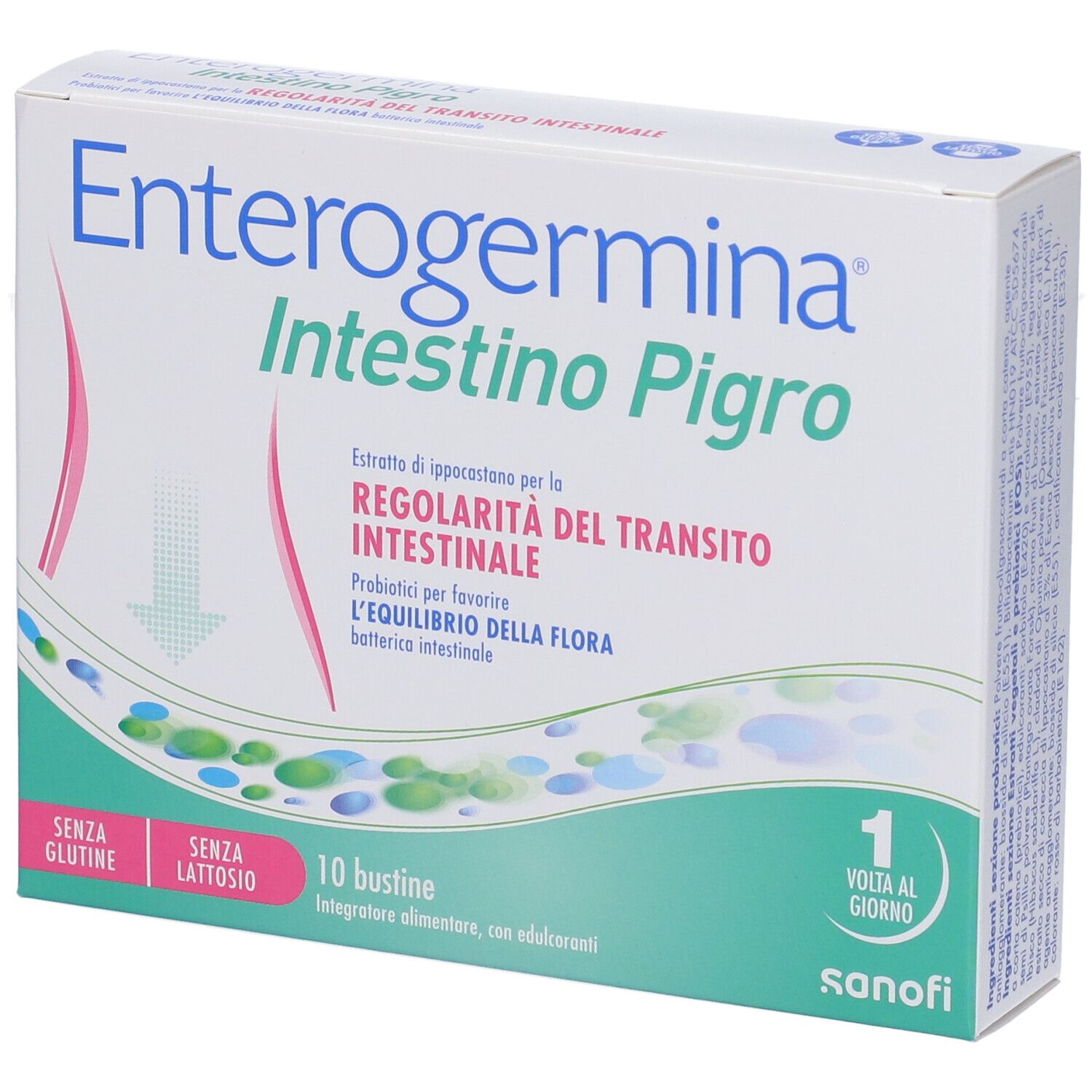 Scatola Enterogermina Intestino Pigro. Testo: 10 bustine, senza glutine, senza lattosio.