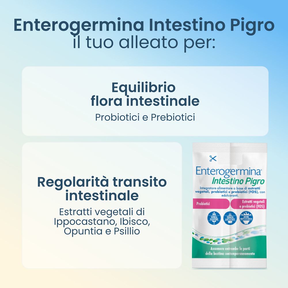 Due bustine Enterogermina Intestino Pigro. Testo: probiotici, prebiotici, estratti vegetali.